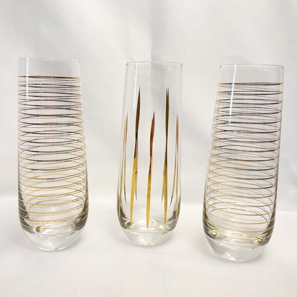 Mid-Century Modern Champagne Glass Flutes Gold & White Glassware Set of 3 - Picture 4 of 10